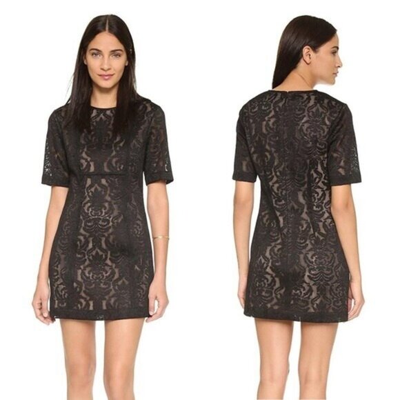 BCBGMaxAzria Dress Black Lace 2 Sheath Ceara Short Sleeve Cocktail - Picture 1 of 11